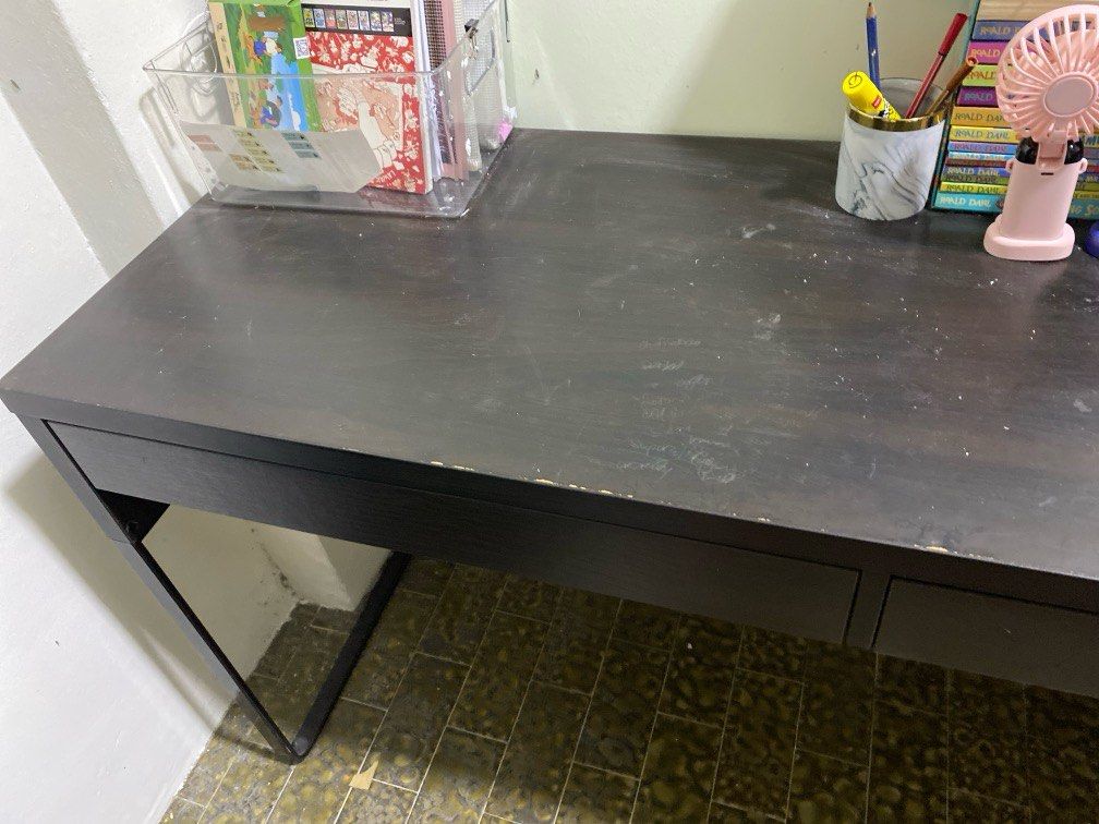 Study table (Category: Tables & Sets) located in Singapore. Submitted by lush_and_co (Listing ID 1376232918, Image 3). Description: Length 142cm Width 50cm Self collect Dark brown Good condition Not for fussy Two drawers .