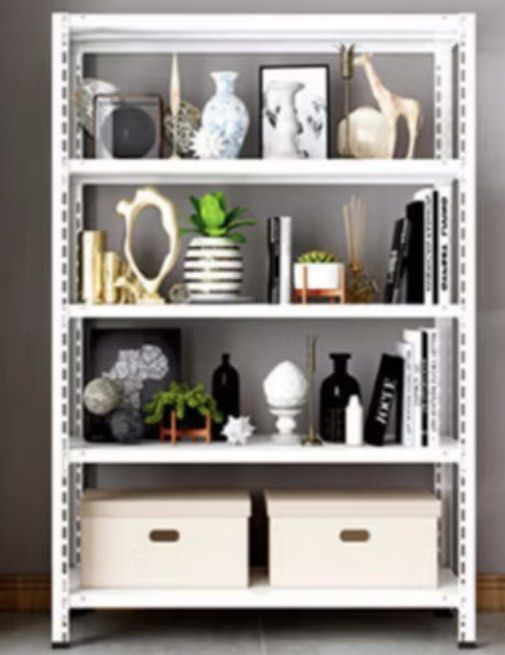 White Boltless Rack (Category: Shelves, Cabinets & Racks) located in Singapore. Submitted by Jiko_Ai (Listing ID 1376358421, Image 1). Description: $60 1 x White Boltless Rack (4-tiers) All in good condition, used for 3yrs (online merchandize storage) Adjustable shelf height No screws required, easy installation Double layer iron Height: 1.8m Length: 0.8m Depth: 0.5m Dismantled, buyer to arrange own transpo.