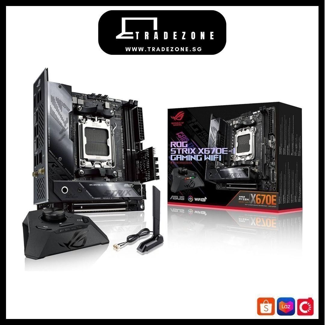 Asus ROG STRIX X670E-I GAMING WIFI Motherboard (Category: Computer Parts) located in Singapore. Submitted by tradezonepc (Listing ID 1376494338, Image 1). Description: Hi! Tradezone is doing a promotion on our Asus ROG STRIX X670E-I GAMING WIFI Motherboard that we have in stock now! Brand new in box Price: $699 (instalment $737.44) We offer custom PC builds too! PM us for more information..