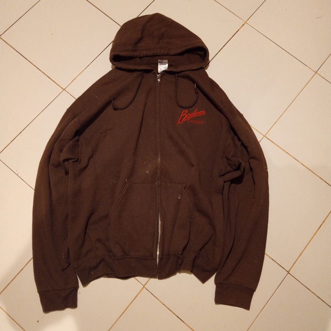 Brown Oversized Jerzees Hoodie Zip Jacket Casino (Category: Coats, Jackets and Outerwear) located in Morong. Submitted by rusty.vault (Listing ID 1376565120, Image 1). Description: Brown Oversized Jerzees Hoodie Zip Jacket Casino Paint Stains add to the style Length: 29 inch Width: 29 inch kanye vibe.