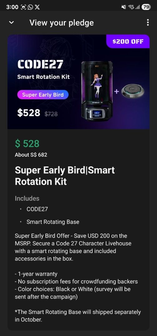 CODE27 Smart Rotation Kit (Category: Other Accessories) located in Singapore. Submitted by thatsnowsky (Listing ID 1376488969, Image 3). Description: CODE27 Smart Rotation Kit. Includes CODE27 and Smart Rotating Base. Pledged on kickstarter but need more liquidity right now. Dev team has given the okay for helping me change the location of shipping so rest assured. Cost is basically base cost+shipping. https://www.kickstarter.com/projects/1731190