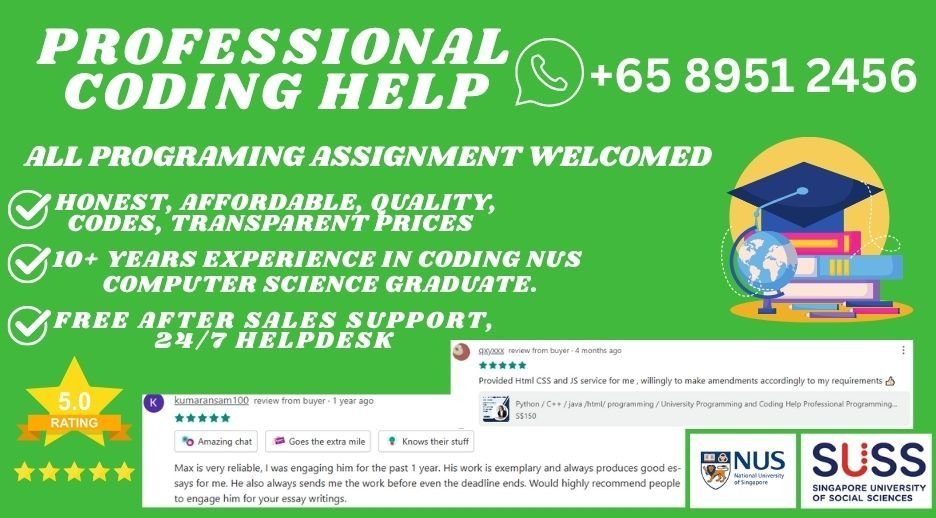 Coding Assignment Help Programming Help Coding Help Service Python Solidworks SQL Linux Javascript C++ Helper Excel VBA SPSS HTML Revit STATA Matlab Java Autocad Mobile Web App Website (Category: Professional Skills) located in Singapore. Submitted by assignmentessay (Listing ID 1376567480, Image 1). Description: Every written piece includes a free TurnItIn plagiarism report (independent from school accounts) for your complete peace of mind!" 😌 