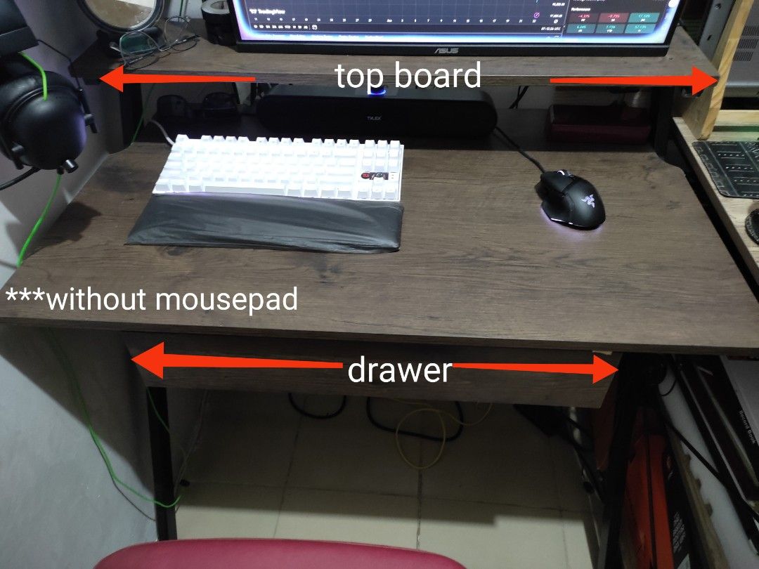 desktop table with drawer and top board (Category: Tables & Sets) located in Manila. Submitted by dos9quatro (Listing ID 1376497093, Image 3). Description: dark wood design, with drawer and top board. aesthetic X design on the side( not visible on photos) no other issues. see photos for exact measurements. rfs. buying a bigger one. price negotiable.