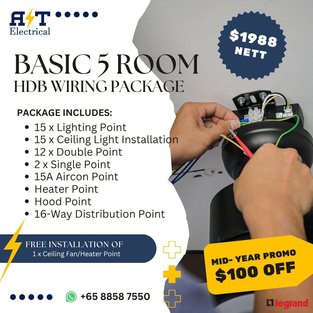 Electrician / Electricial services / Electricial works / Electrical Re-wiring Services / Whole House Re Wiring Electrical Package / HDB Electrical Package / Lighting Point / Water Heater / Heater Switch / Re-locate Power Point / Ceiling Fan (Category: Lighting & Electrical Services) located in Singapore. Submitted by atelectricalpteltd (Listing ID 1187847129, Image 1). Description: 🔌 Is your home feeling a little outdated? It might be time for a