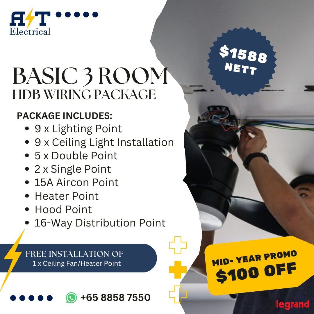 Electrician / Electricial services / Electricial works / Electrical Re-wiring Services / Whole House Re Wiring Electrical Package / HDB Electrical Package / Lighting Point / Water Heater / Heater Switch / Re-locate Power Point / Ceiling Fan (Category: Lighting & Electrical Services) located in Singapore. Submitted by atelectricalpteltd (Listing ID 1187829581, Image 1). Description: 🔌 Is your home feeling a little outdated? It might be time for a