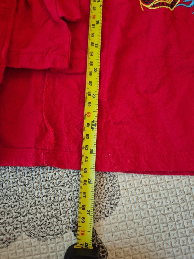 Embroidered Dragon Red Chinese Top (Category: Babies & Kids Fashion) located in Singapore. Submitted by deepredmui (Listing ID 1376437745, Image 2). Description: Stunning red Chinese-style top with gold and teal dragon embroidery. Mandarin collar, long sleeves. Measurements: Chest 56cm, Length 68cm, Sleeve 58cm. A unique and stylish piece. In very good condition size 140cm, should fit kids below 150cm pick up from Havelock Road or top up sgd3 for