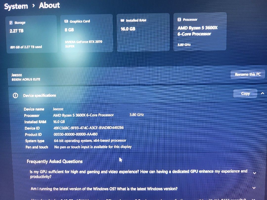 Gaming pc NVIDIA RTX 2070 SUPER AMD RYZEN 5 3600X (Category: Desktops) located in Singapore. Submitted by abenabe (Listing ID 1376478691, Image 2). Description: B550M AORUS ELITE AMD RYZEN 5 3600X 6 CORE PROCESSOR NVIDIA GEFORCE RTX 2070 SUPER HDD WDC WD20EZAZ-00GGJBO 2TB SSD WDS500G3X0C-00SJGO 500GB RAM 2x8GB G.Skill F4-3600C16-8GTZNC PSU CORSAIR RM650 CASE COOLER MASTER SILENCIO S600 WINDOWS 11 Pc Parts Boxes available. Pm for fast deal. Sellin