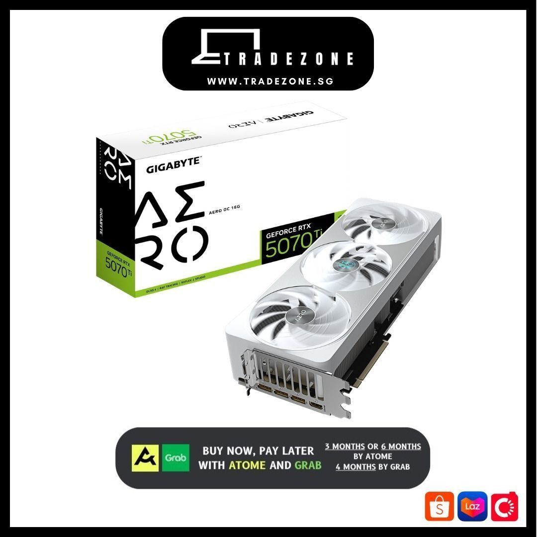 Gigabyte GeForce RTX 5070 Ti | Aero OC 16GB GPU (Category: Computer Parts) located in Singapore. Submitted by tradezonepc (Listing ID 1376539493, Image 1). Description: Hi Tradezone is doing a promotion for our brand new Gigabyte GeForce RTX 5070Ti | Aero OC 16GB GPU Graphics Card that we have in stock. Brand new sealed. 3 years local warranty. Selling: $1629 ( instalment $1,718.59).