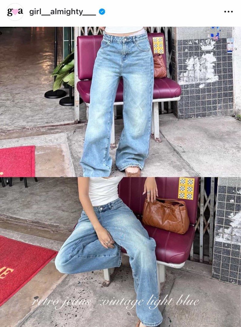 GIRL ALMIGHTY RETRO JEANS (LIGHT BLUE) (Category: Jeans) located in Cavite. Submitted by bey.stuffs (Listing ID 1376462595, Image 1). Description: Wrong size purchased. Brand new with tag and plastic. Bought 27-28” size from them pero masikip sa waist ko (pusunin girly) Good for petite girls who wants baggy style. Can send proof of purchase from Girl Almighty IG for reference :) .