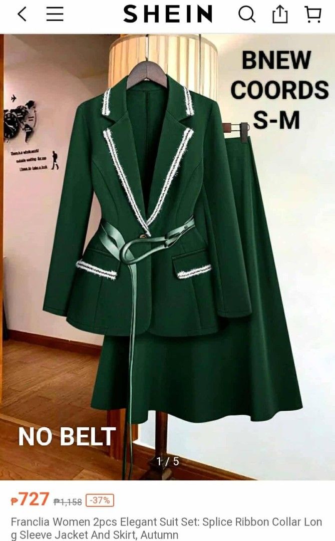 Green blazer and long skirt coordinates (Category: Sets or Coordinates) located in Pasig City. Submitted by krizzshh (Listing ID 1376467674, Image 1). Description: S-M No belt included zipper skirt - up to 27 -28".
