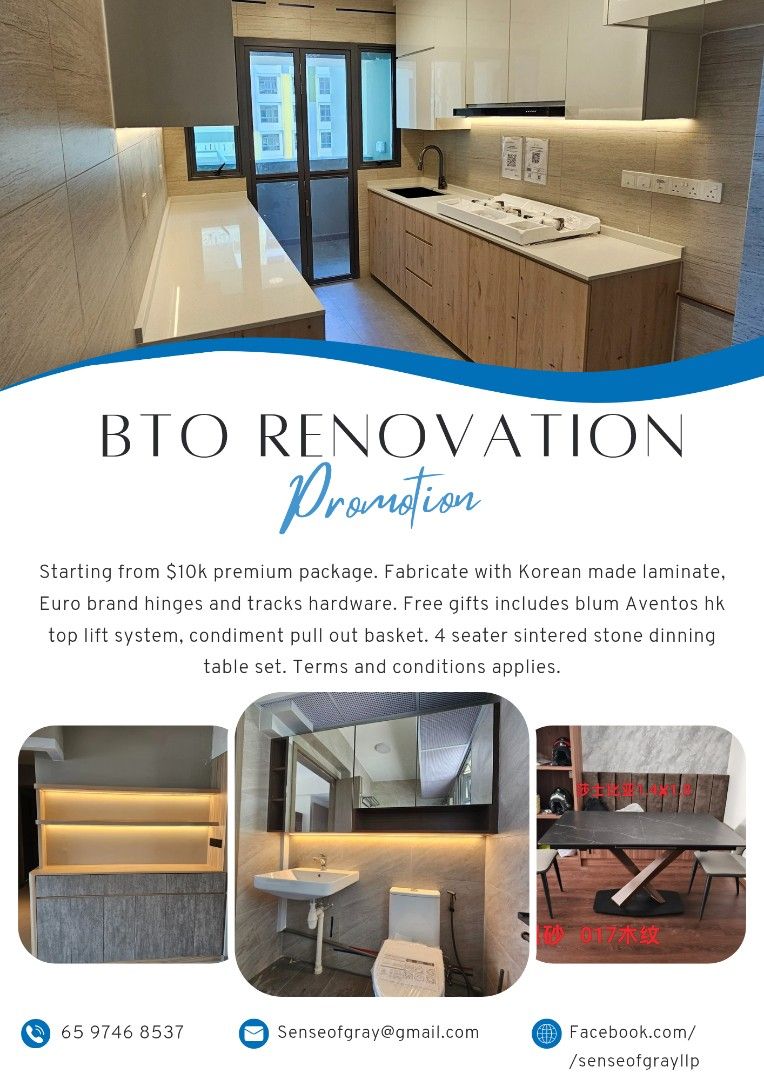 HDB Renovation/ Direct Contractor/Renovation service/Home Carpentry Services/BTO renovation/Home make over/Landed Commercial renovation/Full BTo renovation/Home carpentry (Category: HDB Renovation) located in Singapore. Submitted by senseofgray (Listing ID 1307953483, Image 1). Description: Direct contractor with our own singapore workshop. We also coordinate and handles full renovation projects small or big with no hidden charges. * Bto or resal