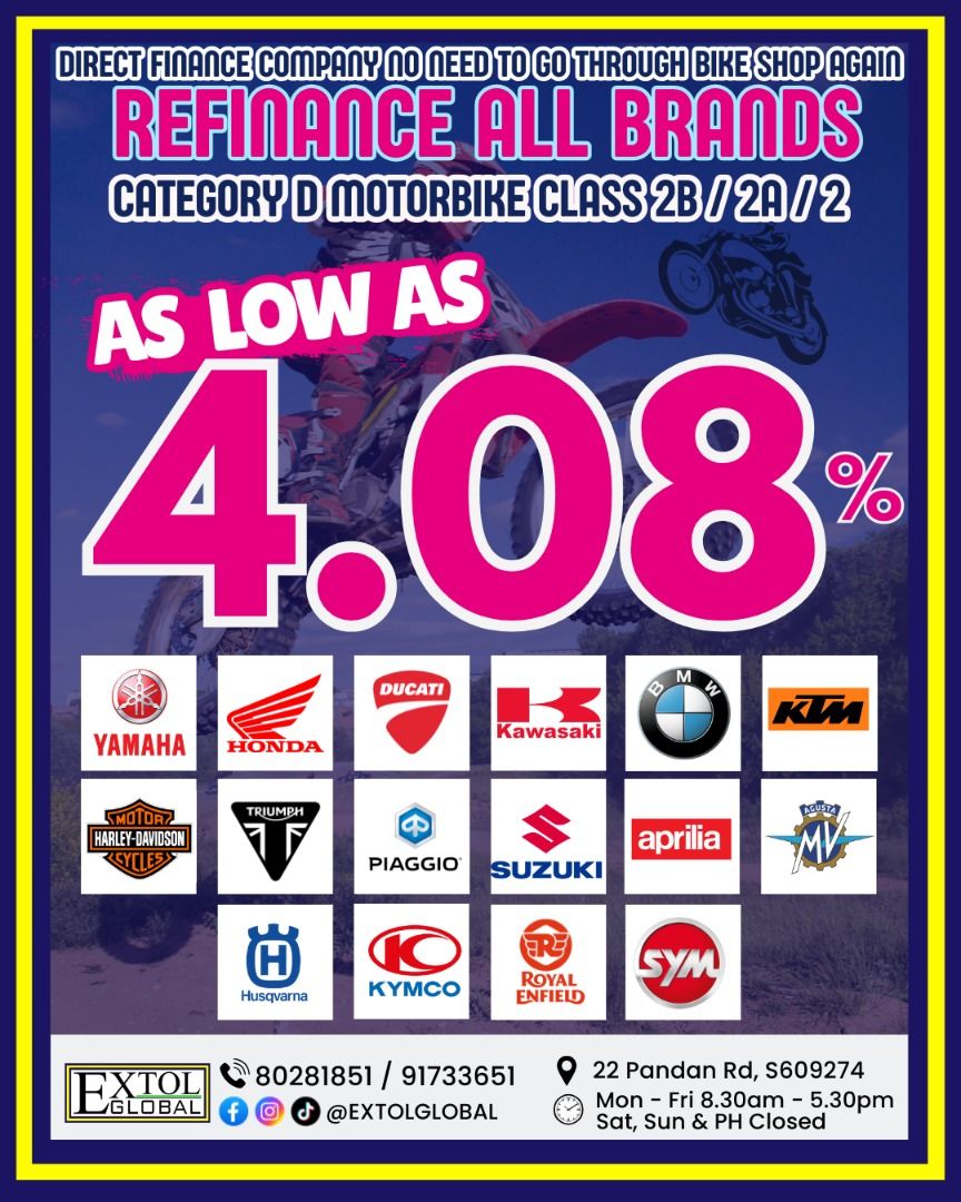 HONDA XADV 750 / ADV 350 / ADV 160 / PCX 160 / MSX125 / CB400 / CB400X / FORZA 350 / NC750X / CBR1000RR / CBR650R / GOLDWING / FORZA 750 / CRF1100 ARICA TWIN MOTORCYCLE REFINANCE COE RENEWAL /COI / USED BIKES / USED BIKES HIRE PURCHASE / REFINANCE (Category: Class 2) located in Singapore. Submitted by extolglobal (Listing ID 1188992058, Image 2). Description: USED BIKE LOAN REFINANCING COI CLASS 2B/2A/2 YAMAHA, HONDA, SUZUKI, KAWASAKI, BMW, KTM, 