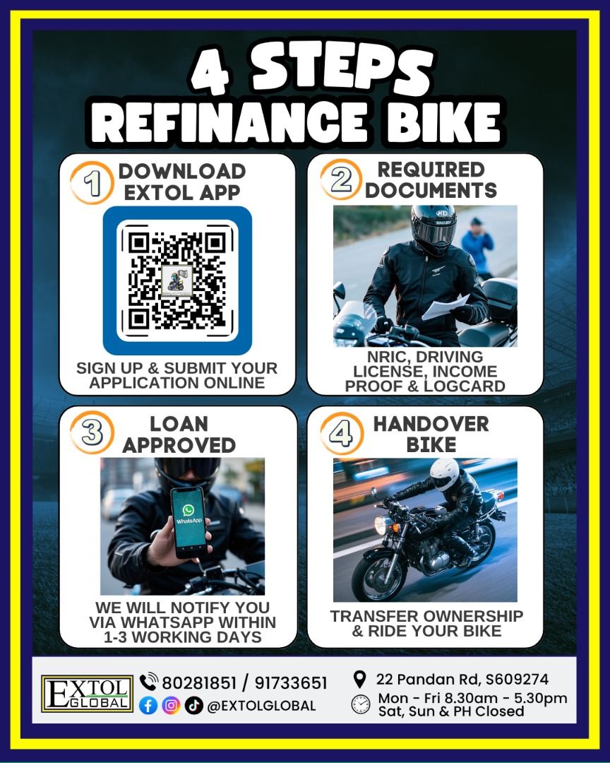 HONDA XADV 750 / ADV 350 / ADV 160 / PCX 160 / MSX125 / CB400 / CB400X / FORZA 350 / NC750X / CBR1000RR / CBR650R / GOLDWING / FORZA 750 / CRF1100 ARICA TWIN MOTORCYCLE REFINANCE COE RENEWAL /COI / USED BIKES / USED BIKES HIRE PURCHASE / REFINANCE (Category: Class 2) located in Singapore. Submitted by extolglobal (Listing ID 1188992058, Image 3). Description: USED BIKE LOAN REFINANCING COI CLASS 2B/2A/2 YAMAHA, HONDA, SUZUKI, KAWASAKI, BMW, KTM, 