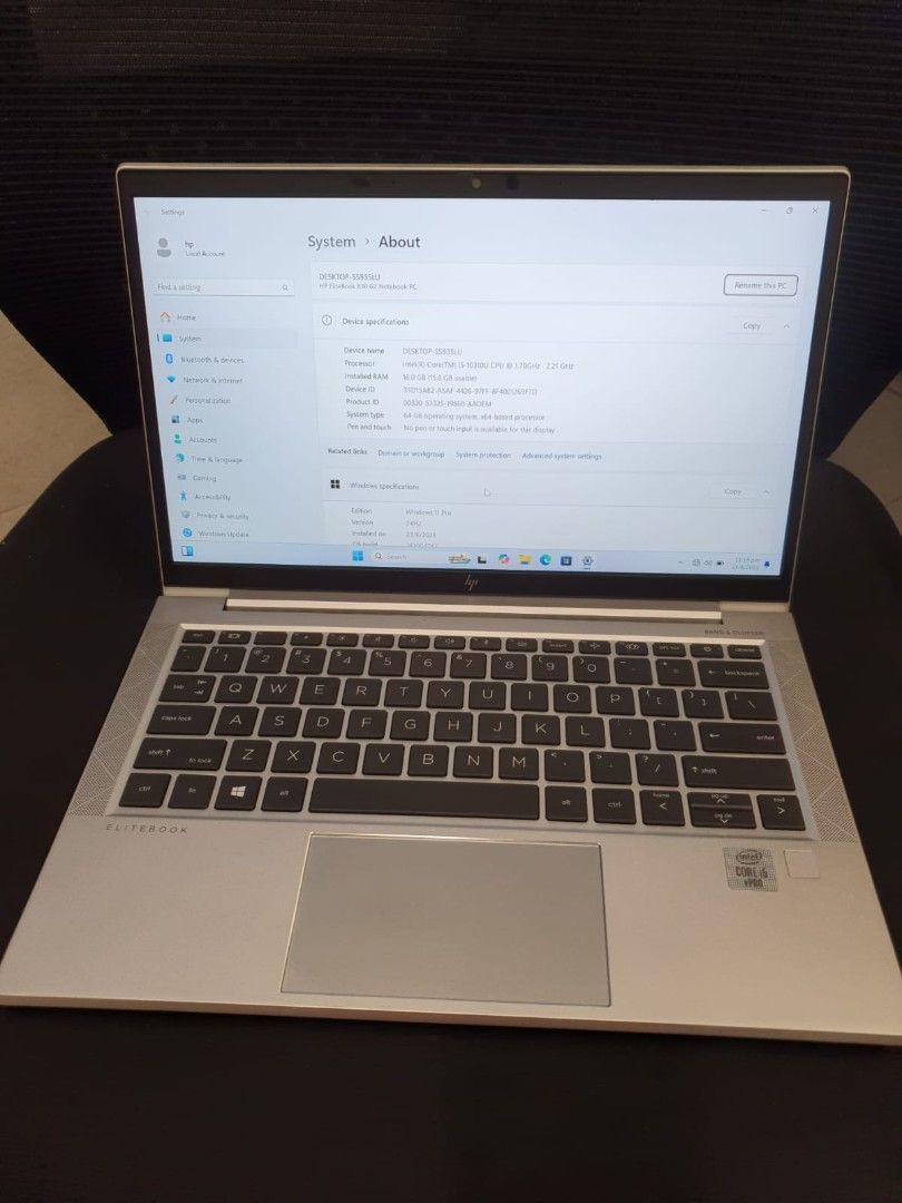 HP Elitebook model 830 G7 /180 degrees can banding fully HD display Core I5/ 10th gen, Ram 16 GB 512 SSD Windows 11 ms office 2021 Activated for faster response 89.58,6137. (Category: Laptops & Notebooks) located in Singapore. Submitted by mdabutaher01054 (Listing ID 1376606030, Image 2). Description: ✅ HP Elitebook model 830 G7 i5/gen 10th gen/ fully HD display ✅✅External condition 9/10 ✅✅Internal condition 10/10 ✅ core i5/gen 10 very good condi