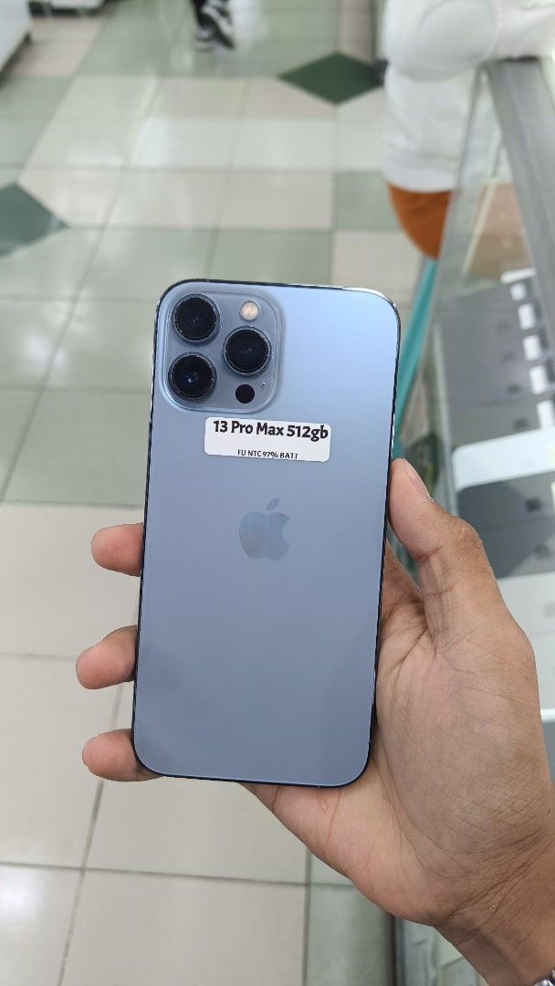 iPhone 13 Pro Max 512GB 97% BH Openline Ntc Approved complete (Category: iPhone 13 Series) located in Manila. Submitted by benshop. (Listing ID 1376541039, Image 1). Description: SALE OR SWAP !! iPhone 13 Pro Max 512GB Blue ✅ 97% Batt Health ✅ With Box Same IMEI ✅ NTC approved ✅ Openline ✅ No repair or replacement history ✅ No dents, scratches. Makinis ✅ Face ID, True Tone, iCloud Asking Price: 34k Only Open for swap lower/higher unit IOS/Android