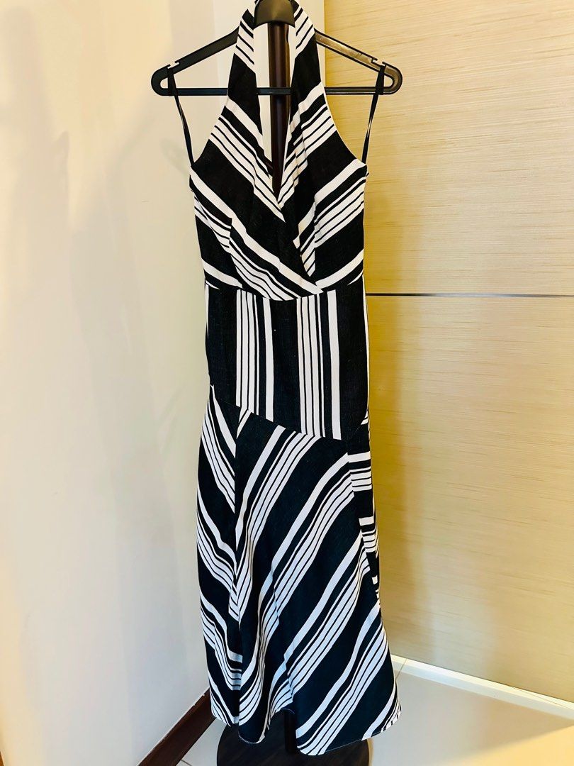 Karen Millen Black and White Striped Maxi Dress, Women's Fashion