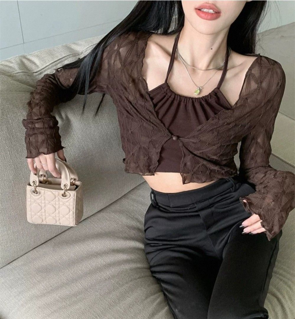 long sleeve brown mesh jacket outerwear top (Category: Longsleeves) located in Singapore. Submitted by milksushi (Listing ID 1376514933, Image 1). Description: length 35cm chest 76 sleeve 60cm Acubi grunge y2k vintage thrift thrifted fairycore aesthetic cyber milkmaid core brandy bm lace cute ins Korean TTR subversive distressed ribbon peplum bunnyhill vn Vietnam love bonito bm coquette dollette babydoll horror protagonist Pinterest aesthetic.