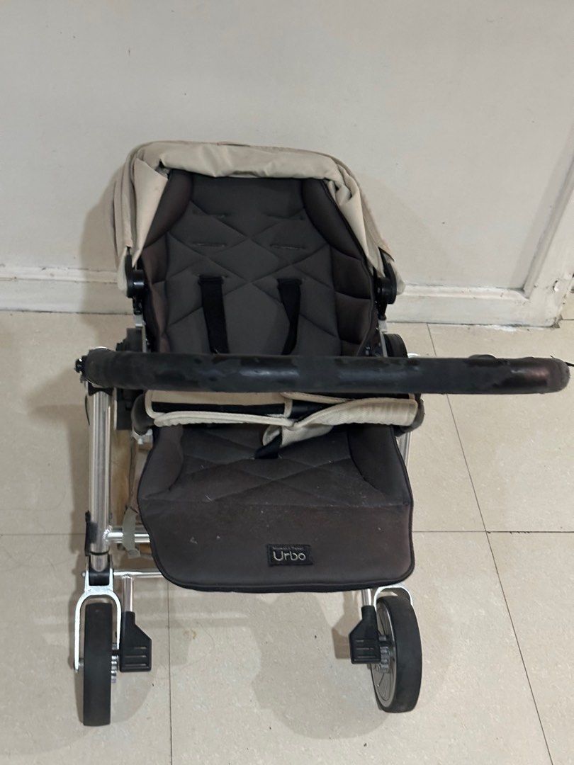 Mamas & Papas Urbo Stroller -reversible (Category: Strollers) located in Paranaque City. Submitted by pm_mom (Listing ID 1376479333, Image 3). Description: Needs washing-cloth parts are washable Lightweight frame Newborn to 50lbs Foldable Large canopy Large underbasket Large seat Adjustable height of handlebars Reversible-rear facing mode available so you can watch baby Issue-leather parts are peeling but covers can be bought online .
