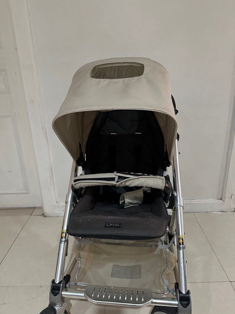 Mamas & Papas Urbo Stroller -reversible (Category: Strollers) located in Paranaque City. Submitted by pm_mom (Listing ID 1376479333, Image 2). Description: Needs washing-cloth parts are washable Lightweight frame Newborn to 50lbs Foldable Large canopy Large underbasket Large seat Adjustable height of handlebars Reversible-rear facing mode available so you can watch baby Issue-leather parts are peeling but covers can be bought online .