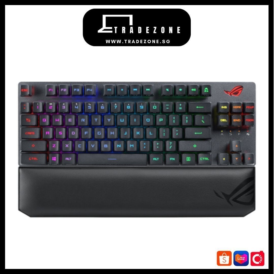 ROG Strix Scope RX TKL Wireless Deluxe Gaming Keyboard (Category: Computer Keyboard) located in Singapore. Submitted by tradezonepc (Listing ID 1376485236, Image 1). Description: Hi TradeZone is doing a promotion for ROG Strix Scope RX TKL Wireless Deluxe Gaming Keyboard that we have in stock now Brand New Sealed. Selling : $269 (instalment $283.79).