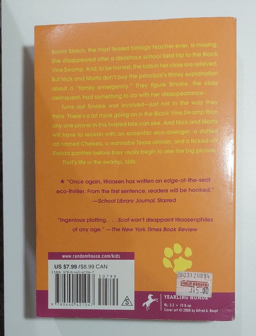 Scat by Carl Hiaasen (Category: Storybooks) located in Taguig. Submitted by danilc (Listing ID 1376515473, Image 2). Description: Scat by Carl Hiaasen Lightly Used Minimal yellowing on outside edge (see pic) Stains on inner front & back book cover Minimal small scratches No page tears RFS: Decluttering Area: BGC, Taguig City No meet-ups Shipping fee shouldered by buyer (Grab/ lalamove/ LBC) Payment: Gcash/Maya :).