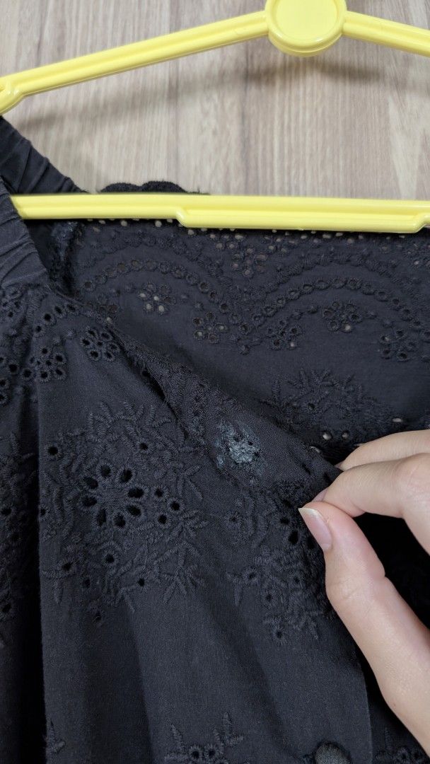 Vintage Y2K Black Eyelet Blouse Long Sleeves (Category: Blouses) located in Singapore. Submitted by laruines (Listing ID 1376503662, Image 2). Description: flattering square neck with bell sleeves and smocked waist. super cute cropped silhouette. note the adhesive mark on the inner collar. bought in Japan. marked down due to defect mentioned above, not for fussies.