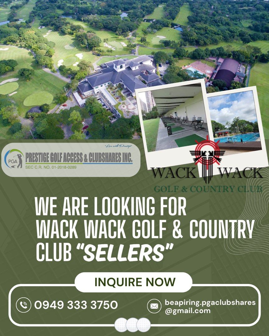 📍WACK WACK GOLF SELLERS (Category: Golf) located in Muntinlupa City. Submitted by beapring.pgaclubshares (Listing ID 1376506888, Image 1). Description: Hi, this is Bea from PGA Clubshares, Inc. Looking to sell your Wack Wack Golf & Country Club share? Or know someone who is? Now’s the perfect time to make a smooth, rewarding sale.💰 ✅If you're interested, call or message us..