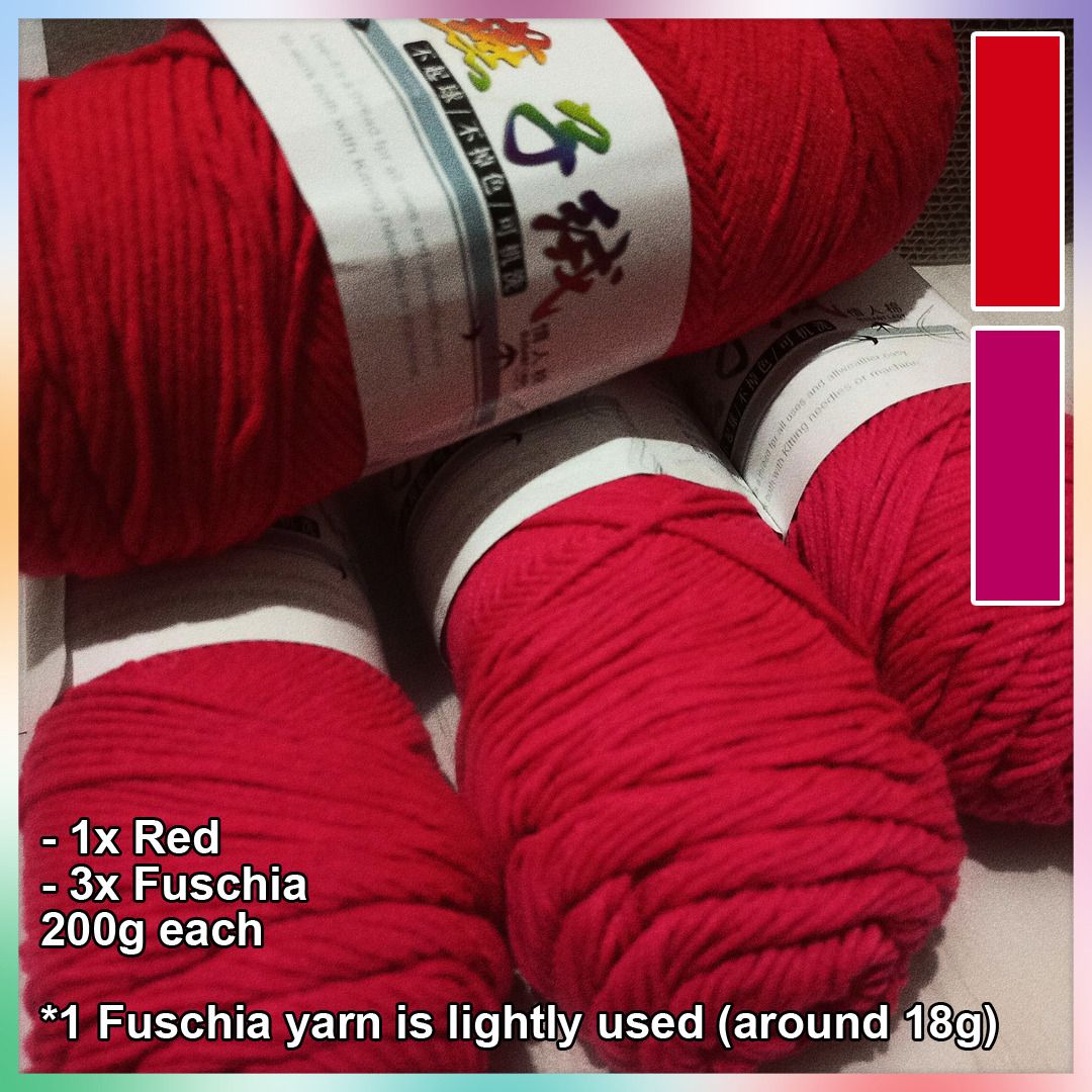 Yarn Destash Bundle (1 Red & 3 Fuschia) (Category: Craft Supplies & Tools) located in General Trias. Submitted by kaorurunss (Listing ID 1376581195, Image 1). Description: Mali shade kuha ko ayq na HAHAHA Take all, tig 200g each pero ung isang fuschia onti po ginamit (~18grams) Color changes on camera so please see the pics para sure po sa shade (Tried to put ung color niya in person sa preview) ——NOTES—— RFS : Decluttering, bought the wrong colo
