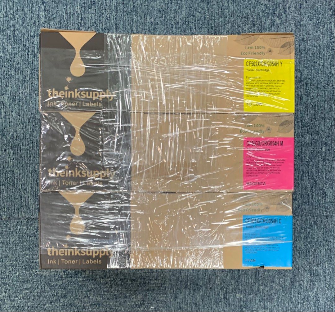 3 x HP CF502X/CRG054H Toner Cartridges (Category: Printers, Scanners & Copiers) located in Singapore. Submitted by enquiry74266 (Listing ID 1376718248, Image 1). Description: Six brand new, unopened HP CF502X/CRG054H toner cartridges. Includes yellow, magenta, and cyan. Eco-friendly and suitable for various HP LaserJet Pro MFP models (see image for specific model numbers). The inksupply brand packaging is shrink-wrapped..