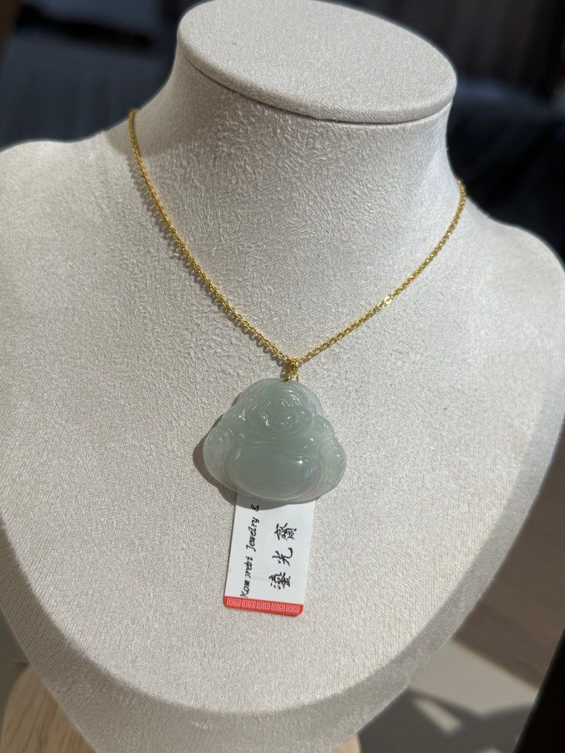 香港門市批發保A包真-緬甸A貨晴綠底色佛公糯化種有水頭18k黃金扣頭, 女裝, 飾物及配件, 頸鍊-
