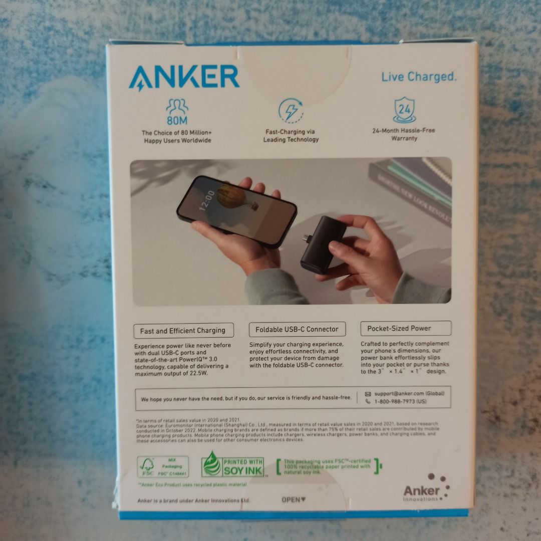 Anker Compact with Foldable USB-C connector, 手提電話, 電話及其他裝置配件, 電池及充電器 ...