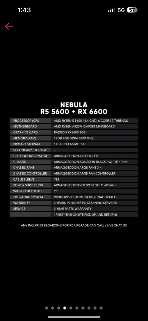 Armageddon Nebula PC |R5 5600 | RX 6600 (Category: Desktops) located in Singapore. Submitted by blondpoet133 (Listing ID 1376673228, Image 2). Description: Lightly used Gaming PC - selling because I’m moving to the UK. (Retails at $1099) Details: - Runs CS2 at 600 fps comfortably - Lightly used - Pls state if you’d like to test fps on other games.