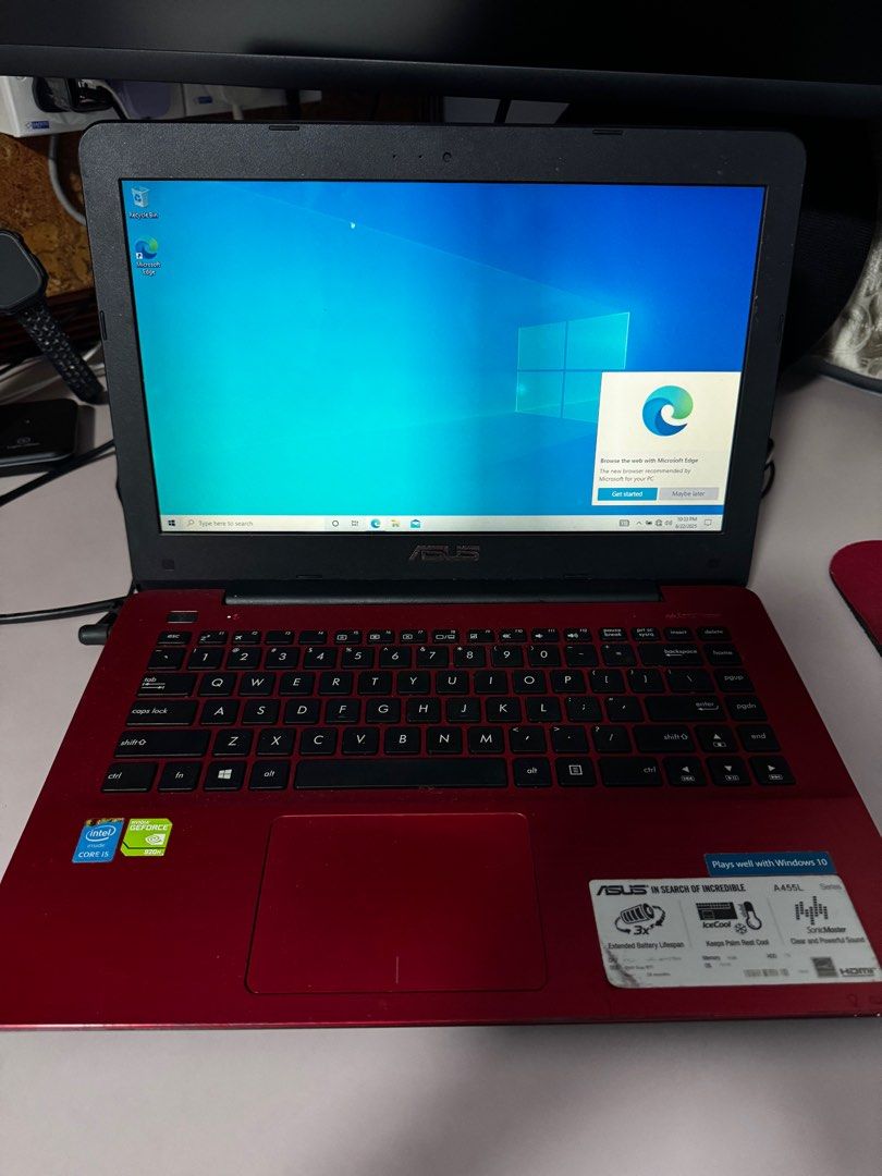 ASUS A455L Series Laptop - Red (Category: Laptops & Notebooks) located in Singapore. Submitted by daryl_tsh (Listing ID 1376688301, Image 2). Description: ASUS A455L Series laptop in red. Features Intel(R) Core(TM) i5-5200U CPU @ 2.20GHz, 4 GB RAM, and Windows 10 Home. 1TB Storage No issue with the battery, screen and sound. Keybroad QEZXC key isn’t working. (Need to use the on screen keybroad) Comes with only power adapter. (: It’s an old unit w