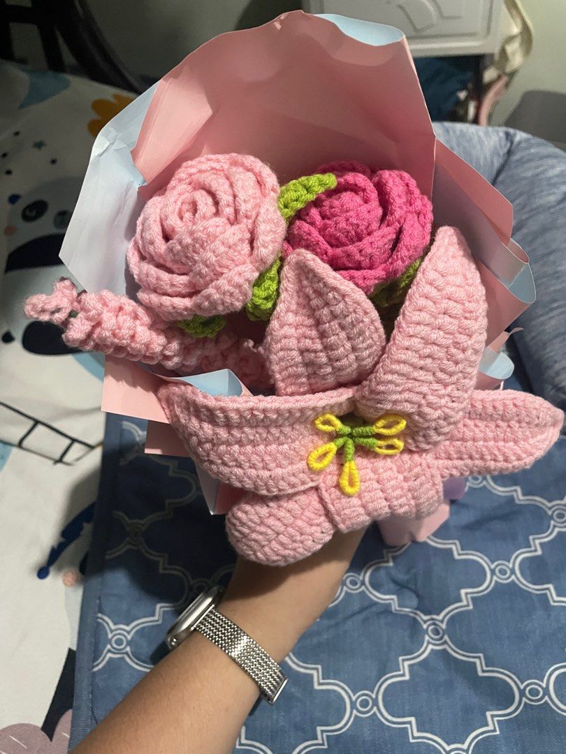 Crochet Flower Bouquet Pink (Category: Flowers & Bouquets) located in San Juan City. Submitted by zeysells (Listing ID 1376806229, Image 2). Description: 4 flowers ; sold as bouquet handmade ; onhand perfect as a gift or for display/collecting selling for low bcos the paper is more crumpled/folded na now but STILL not damaged naman (you can remove it din naman) ——🧾 mop: GCash/PayMaya/PNBank/COD (through couriers) ——📦 mod: lalamove/grab (same da