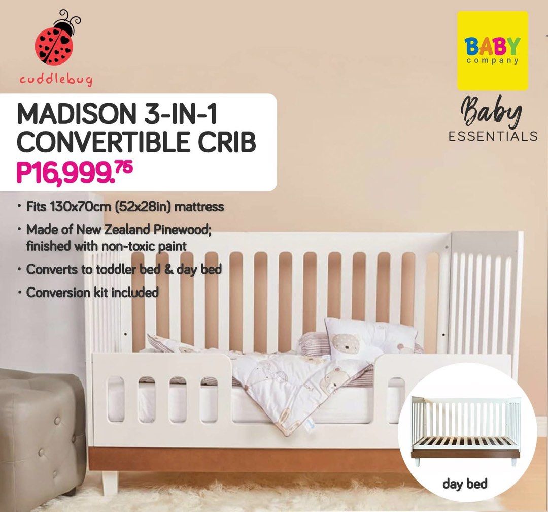 Cuddlebug Convertible Crib (Category: Cots & Cribs) located in Manila. Submitted by michellecys23 (Listing ID 1376649493, Image 1). Description: Convertible crib from infant to toddler. Just the crib, add 2k to get the mattress and comforter as this is separately bought..