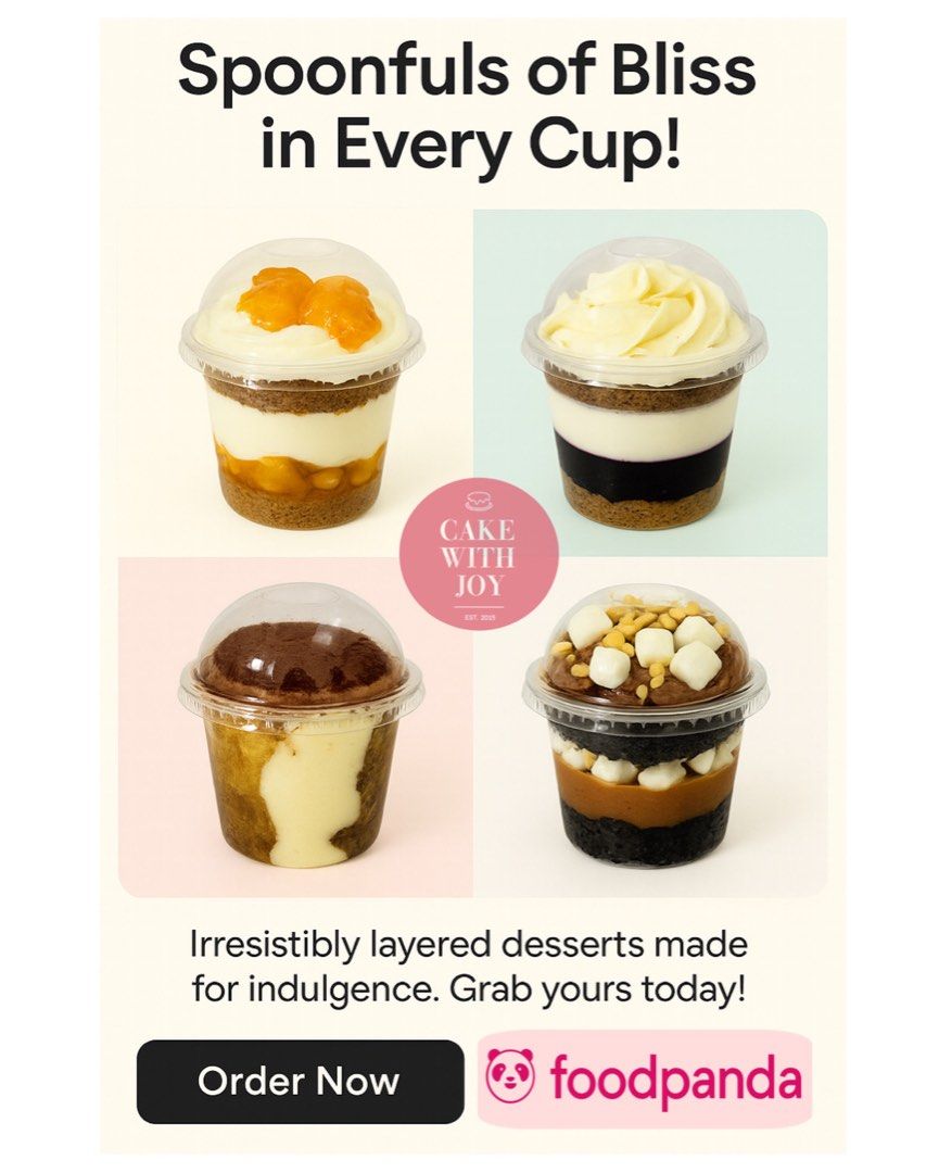 Dessert in a cup (Category: Homemade Bakes) located in Quezon City. Submitted by maryjoy1 (Listing ID 1376697259, Image 1). Description: Dessert in a cup Available flavor Rocky Road- P65 Tiramisu- P100 Mango float - P100 Blueberry Cheesecake - P195 Also available on Food Panda.