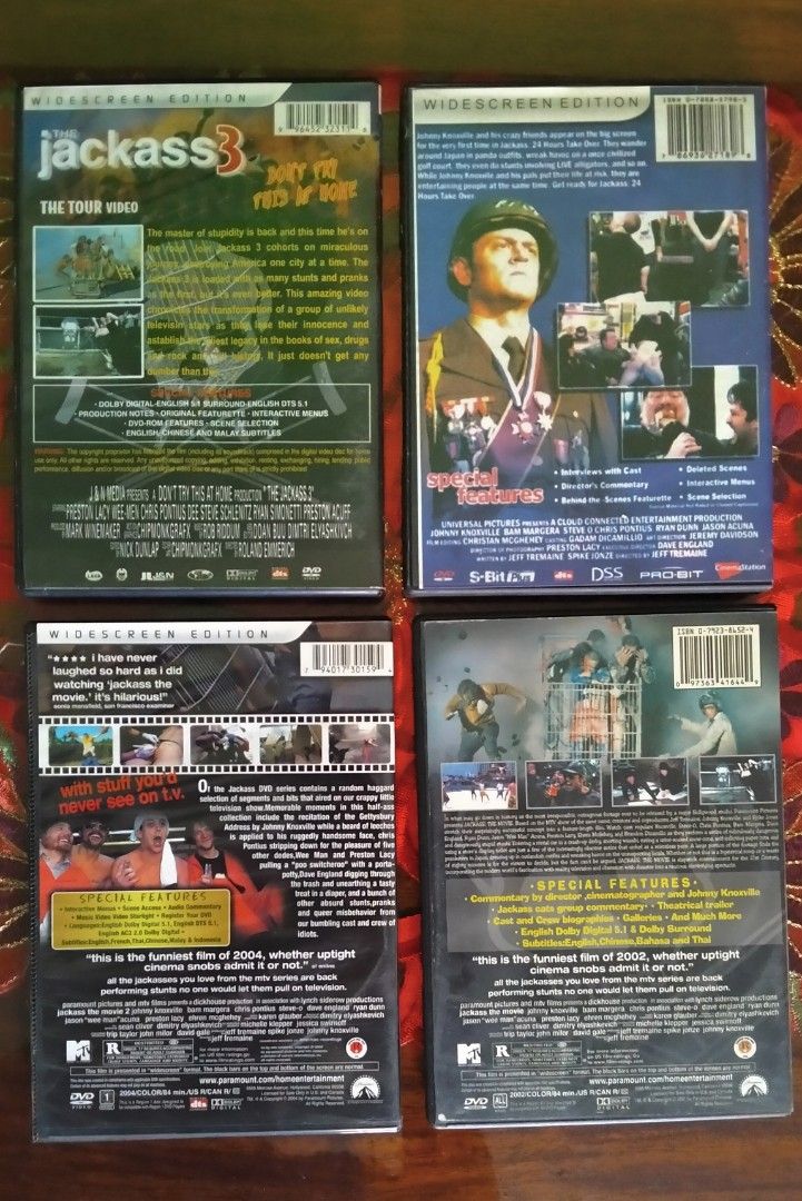 DVD: JACKASS (4 dvd..bundle sale) (Category: CDs & DVDs) located in Marikina City. Submitted by morningsunrays (Listing ID 1376685530, Image 2). Description: MOP....GCASH THRU LALAMOVE/JRS Not Original copy.
