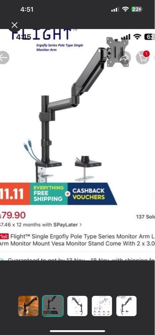 Flight ErgoFly Series Monitor Arm (Category: Monitor Screens) located in Singapore. Submitted by ostensiblecuties (Listing ID 1376712277, Image 1). Description: Lightly used for 3 months. Single monitor arm with gas spring, cable management, and 2 USB 3.0 ports. VESA 75x75, 100x100 compatible. Features both clamp and grommet mounts. Adjust height, tilt, and rotation. .