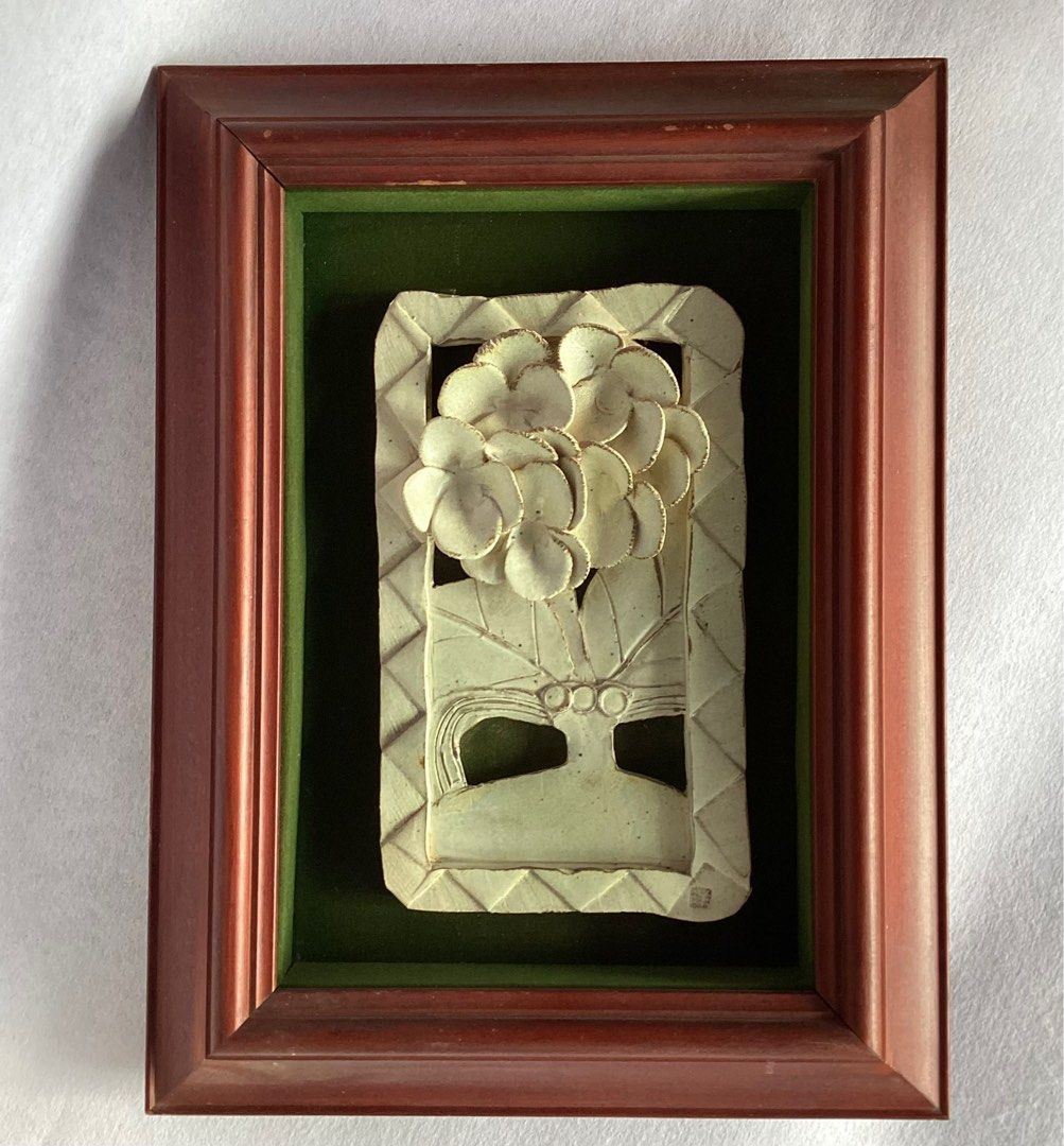 Framed Ceramic Wall Art / Sculptural Relief Piece (Category: Frames & Pictures) located in Davao. Submitted by atbpshop192593 (Listing ID 1376796039, Image 2). Description: Php1,250 Framed Ceramic Wall Art / Sculptural Relief Piece *Unique 3D ceramic artistry (relief). *Hand-crafted look with floral/botanical motif. *Wooden frame and green matting H: 14.5 inches L: 11 inches W: 2.2 inches *please check photos before purchase *Last price posted *F