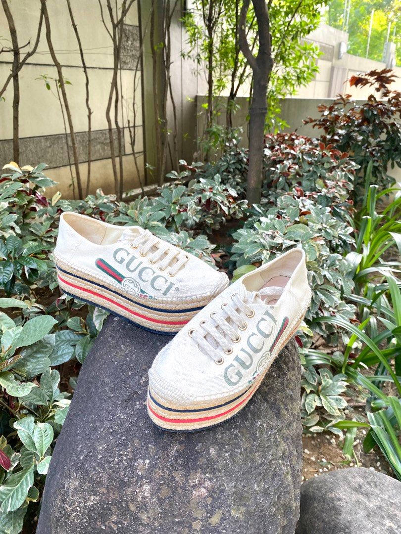 Gucci Cream Canvas Logo Platform Espadrilles Size 36 (Category: Sneakers & Footwear) located in Manila. Submitted by secondhavenph (Listing ID 1376639755, Image 1). Description: Strut the streets in style with a pair of G U C C I Cream Canvas Logo Platform Espadrilles Size 36 👟 G U C C I Cream Canvas Logo Platform Espadrilles - Sale price: P20,000 - In very good condition - Can be used for casual or travel purposes - Message us for more details 