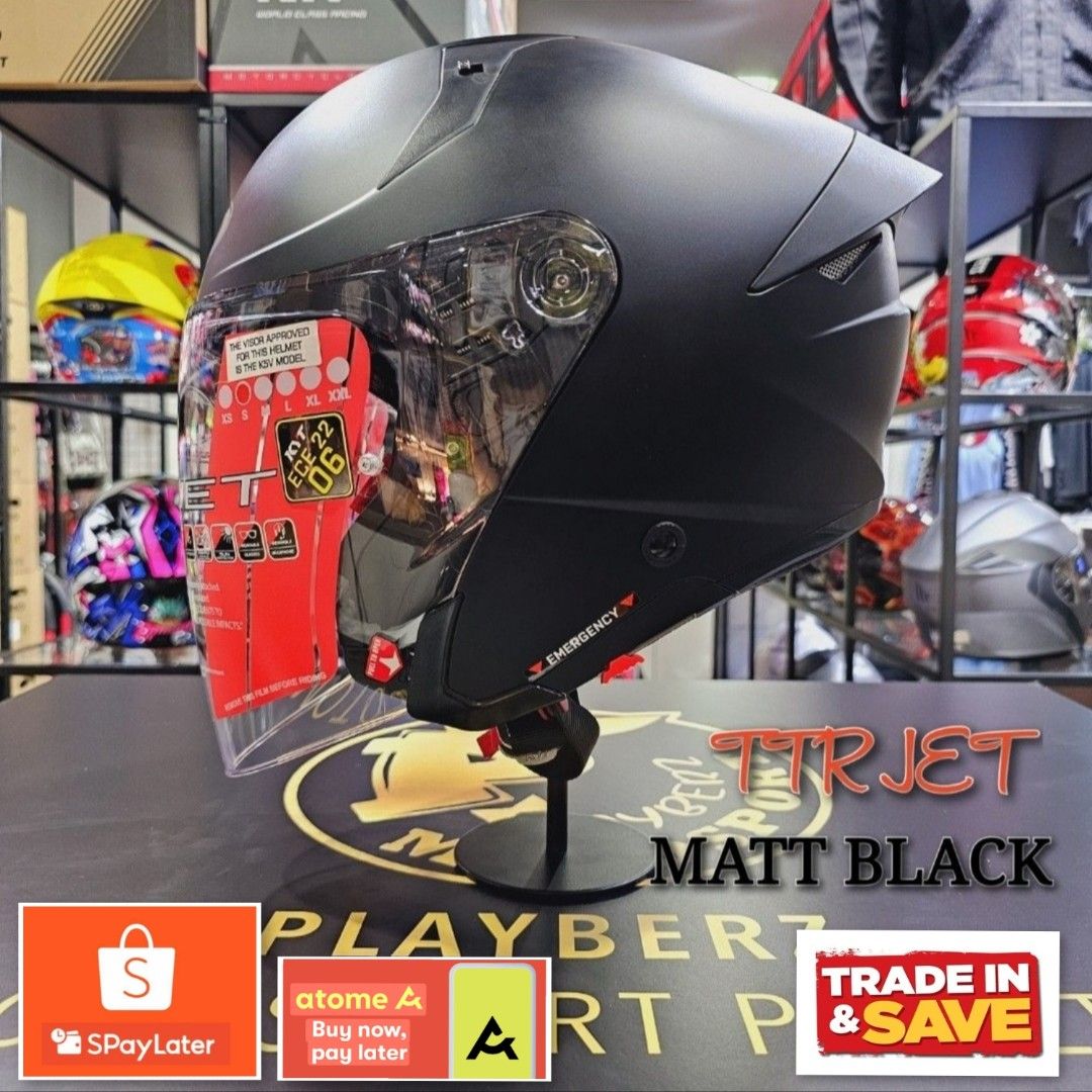 KYT TTR-JET MATT BLACK HELMET.. 🔥!! W FREE KYT DRYFIT T-SHIRT..!! (Category: Motorcycle Apparel) located in Singapore. Submitted by playberzmotosport (Listing ID 1332441650, Image 1). Description: LATEST ARRIVAL.. 🔥🔥!! KYT TTR JET MATT BLACK HELMET..😎👍!! AVAILABLE IN GLOSS BLACK TOO.. 😎👍👍!! 🌟PRICE @$185 🌟TRADE IN PROMO @$165..🔥🔥!! (TRADE IN ANY OF YOUR OLD USED HELMET..!!) 🌟PSB APPROVED.. ☺️👍!! 🌟EURO SPECS 🌟ECE 06 🌟BUILD IN SUN V
