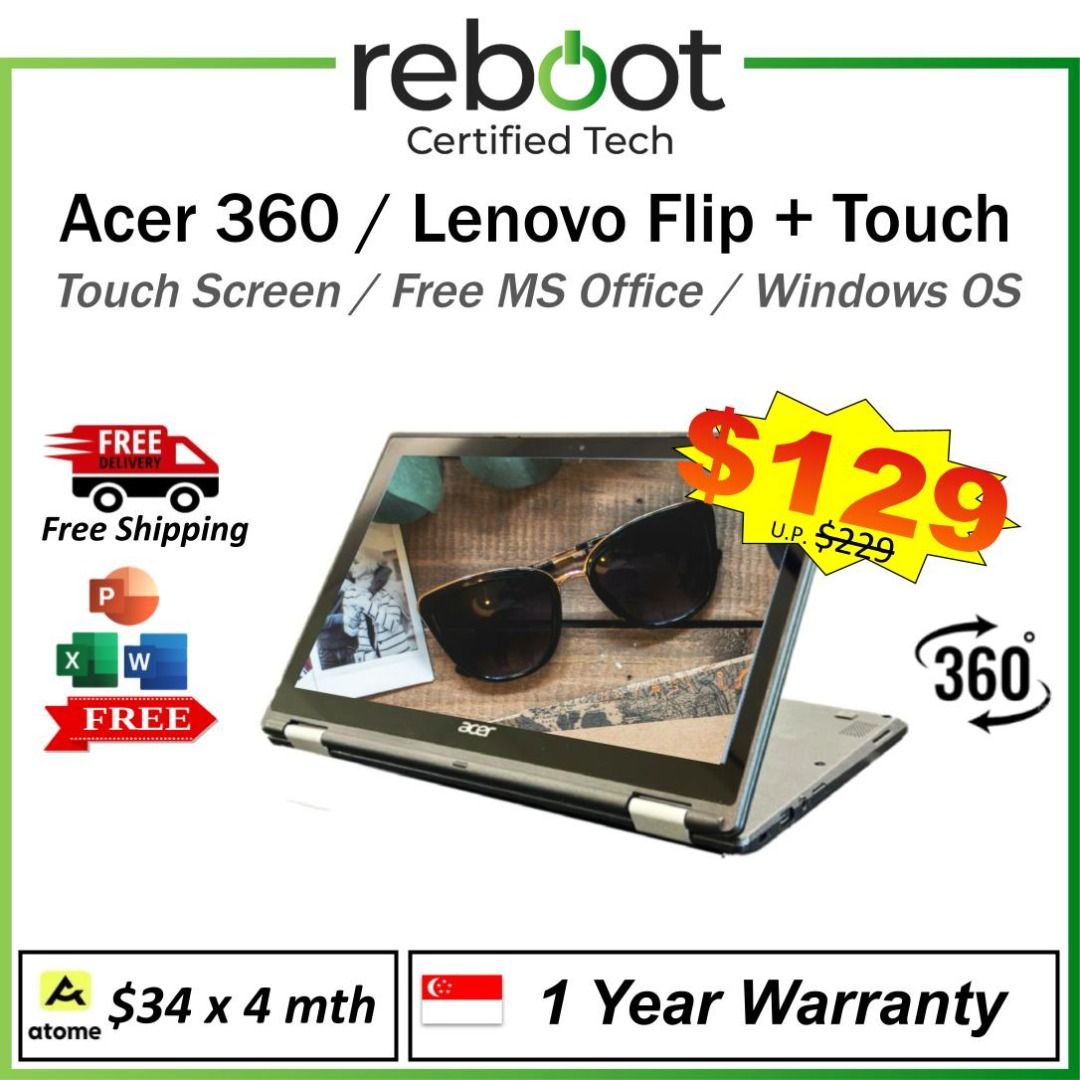 Lenovo 360 Flip Laptop - Acer 360 Flip Laptop Available - Able to Flip 360!! - Smooth Touch Screen Function - 100% Good Condition - Laptop Great Deals - High Performance, Low Price! - Practical & Stylish Laptop - Buy Today!!! (Category: Laptops & Notebooks) located in Singapore. Submitted by buyatfuji (Listing ID 1376672068, Image 1). Description: Click here for more special deal ! https://www.carousell.sg/u/buyatfuji/ 👨‍🔧 FREE Aditioanal 3 𝐌�