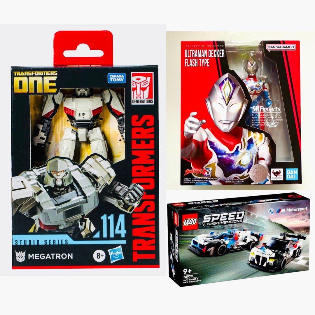 MISB Hasbro Transformers One Studio Series Deluxe 114 Megatron, Lego Speed Champions 76922 BMW M4 GT3 & M Hybrid V8 Motorsport, Bandai s.h.figuarts SHF Ultraman Decker Flash Type SHFiguarts (Category: Toy Figures) located in Singapore. Submitted by tudor8 (Listing ID 1376784515, Image 1). Description: * Transformers Megatron $29.90 * Bandai S.H.Figuarts Ultra man Decker Flash Type $29.90 * 76922 BMW M4 GT3 & BMW M Hybrid V8 Motorsport $49.90 Auth