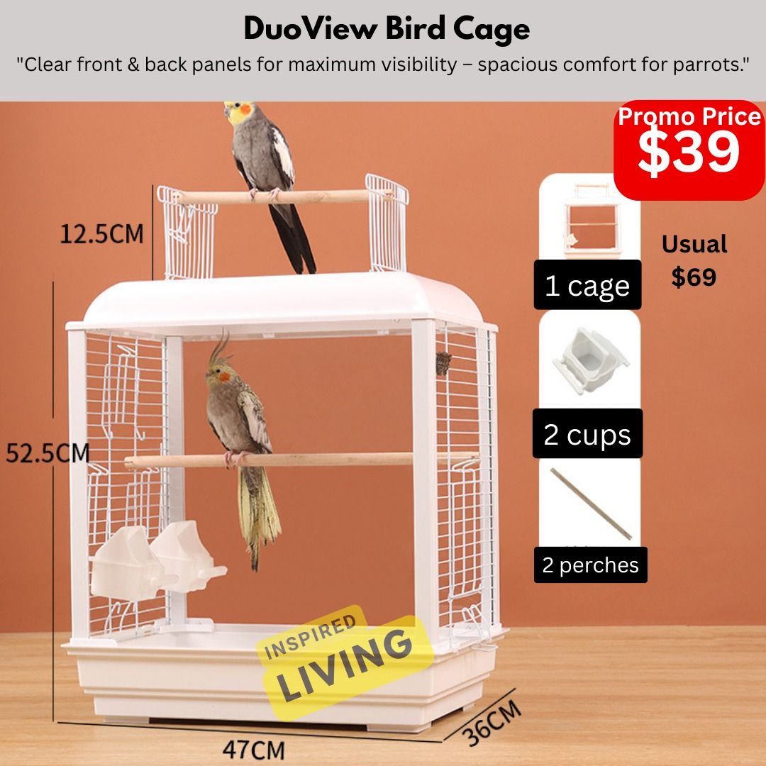 Premium Parrot Bird Cages – 4 Sizes & Colours | Clear Front View | With Perches & Spill-Proof Cups (Category: Homes & Other Pet Accessories) located in Singapore. Submitted by inspired-living (Listing ID 1365034263, Image 3). Description: 🦜 Comfort Meets Clarity – Bird Cages That Elevate Your Bird’s Home Life! Choose from 4 beautifully designed cages with transparent front panels and climbing-friendly bars. ✅ Available Models & Sizes: See pictur
