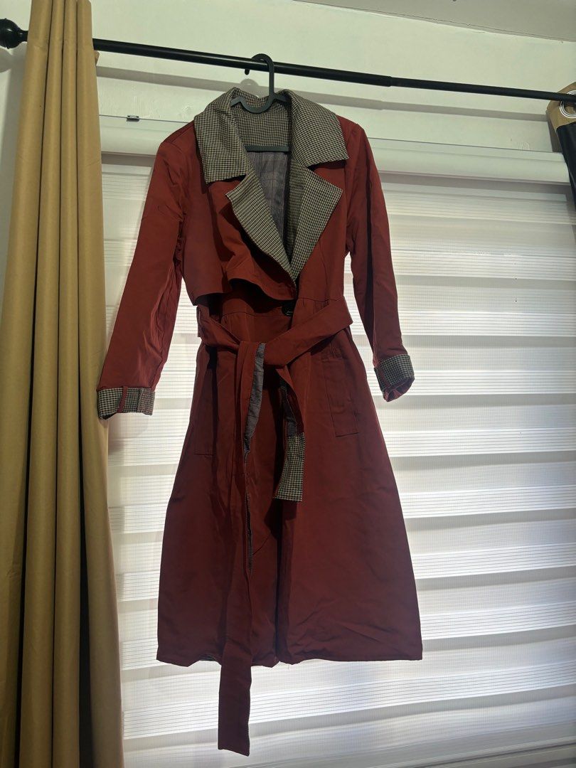 Red Trench coat for sprin autumn fall outerwear (Category: Coats, Jackets and Outerwear) located in Calamba. Submitted by sunbeamy (Listing ID 1376673559, Image 1). Description: Double lined Missing belt Cut fabric from the bottom for the improvised belt Below the knee length 500+sf.