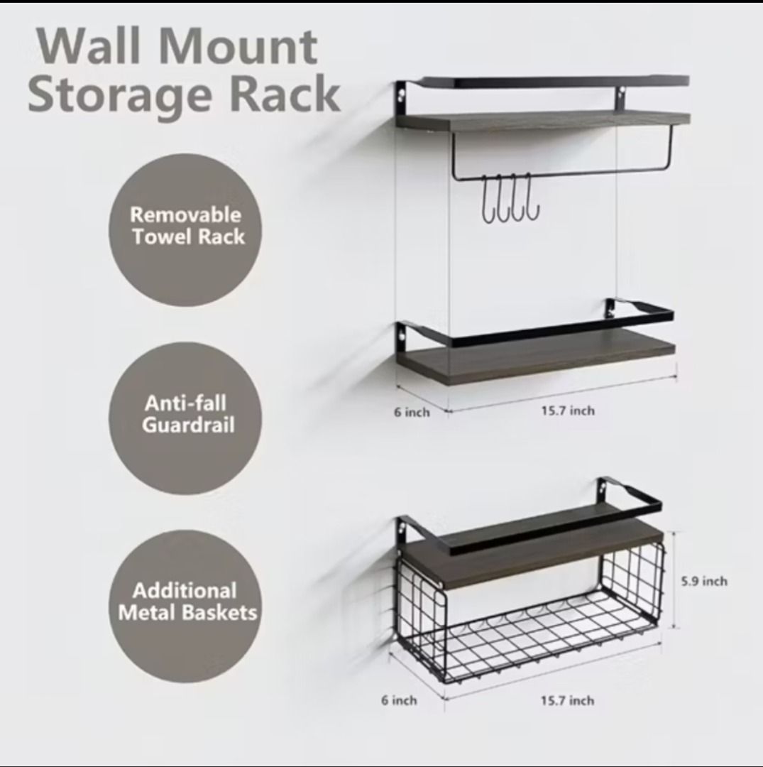 Wall Mounted Shelves with Storage Basket (Category: Bathroom & Kitchen Fixtures) located in Pasig City. Submitted by aya-2025 (Listing ID 1376728872, Image 1). Description: 3-Tier Rectangular Bathroom Wall Shelf with Iron Basket. Materials: Crafted from solid pine wood and features an iron basket with a powder-coated finish, making it suitable for humid environments like bathrooms. Ideal for organizing and displaying items in bathrooms, kitchens,