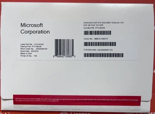 原裝正版Windows Server 2025 Standard 64Bit 16 Core OEM Pack With ...