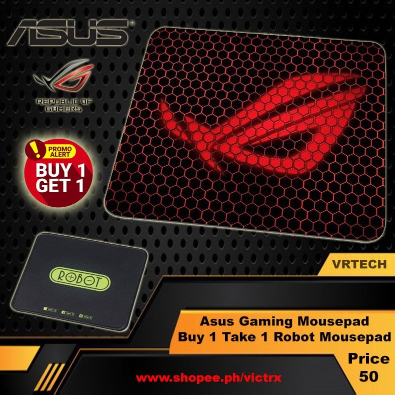 ASUS Gaming Mouse Pad (Category: Mouse & Mousepads) located in Quezon City. Submitted by victr2 (Listing ID 1376935283, Image 1). Description: ASUS Gaming Mouse Pad 25cm x 21 cm Gaming Mousepad Brand New Natural Rubber Soft, Comfortable, Non-slip Bottom Lines Wide range of applications: for all types of mouse use *** Color and shade May Vary due to lighting conditions and picture quality *** Package Contents: 1x ASUS ROGGaming Mouse Pad 1x i Robo
