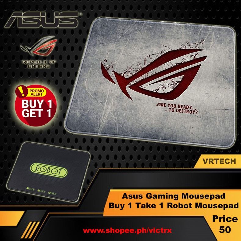 ASUS Gaming Mouse Pad (Category: Mouse & Mousepads) located in Quezon City. Submitted by victr2 (Listing ID 1376936483, Image 1). Description: ASUS Gaming Mouse Pad 25cm x 21 cm Gaming Mousepad Brand New Natural Rubber Soft, Comfortable, Non-slip Bottom Lines Wide range of applications: for all types of mouse use *** Color and shade May Vary due to lighting conditions and picture quality *** Package Contents: 1x ASUS Gaming Mouse Pad 1x i Robot M