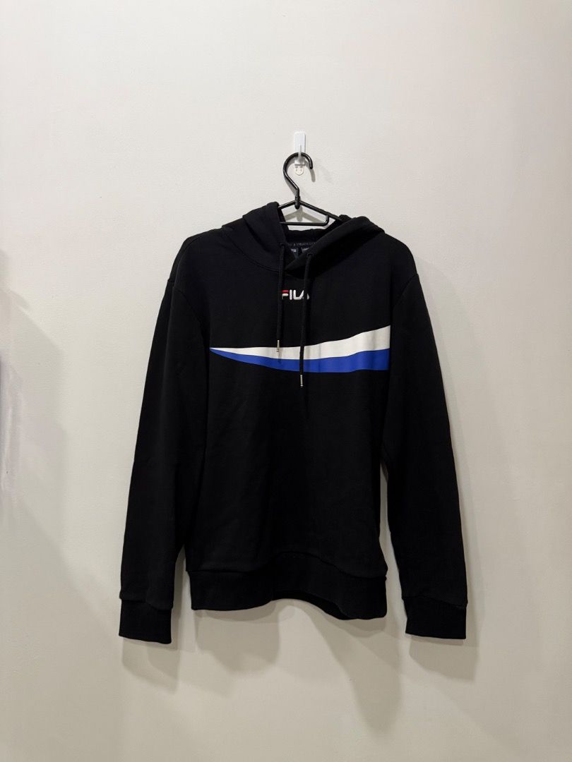 Authentic Fila White Line Black Hoodie Size M, Men's Fashion